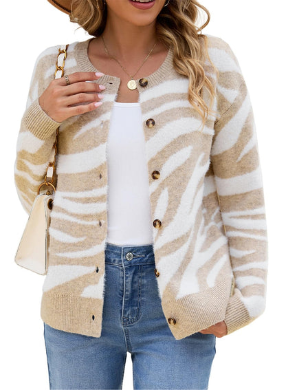 Sidefeel Women's Long Sleeve Crewneck Animal Print Cardigan Sweater