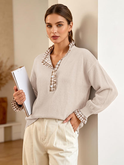 Ruffle Knit Collared Quarter Pullover