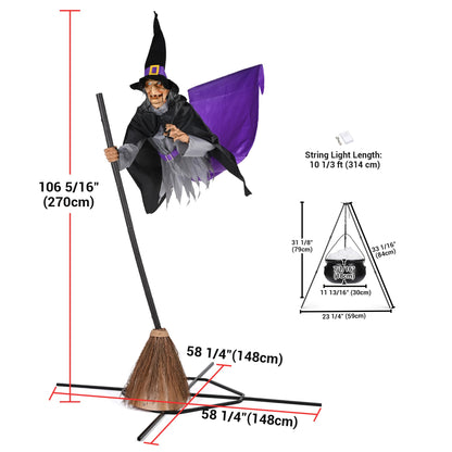 Aw 9Ft Animatronics Flying Witch Hovering Broom Animated Ac 100V-240V Halloween Outdoor Decoration Motion Activated