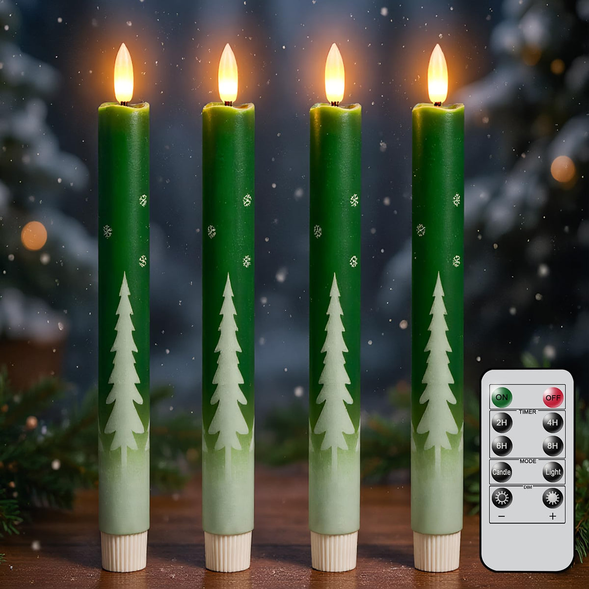 Green Christmas Tree Flameless Taper Candles Battery Operated Remote Timer
