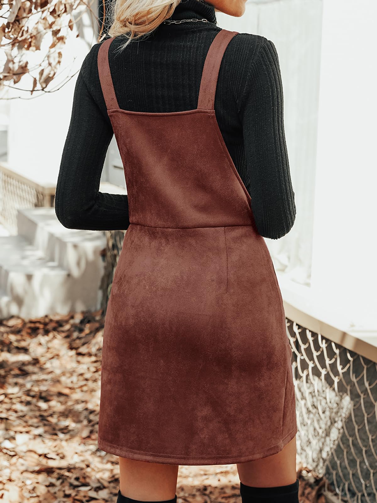 CUPSHE Faux Suede Mini Fall Dresses for Women Square Neck Pull Ring Zipper Front Pockets Wide Straps Casual Autumn Dress