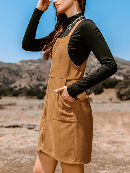 CUPSHE Faux Suede Mini Fall Dresses for Women Square Neck Pull Ring Zipper Front Pockets Wide Straps Casual Autumn Dress