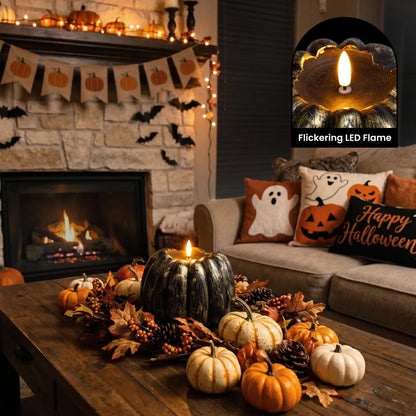 Fall Decor, Fall Decorations for Home - Flameless Pumpkin Candle with Timer Remote - Room Bedroom Table Farmhouse Decor for Halloween, Thanksgiving, Orange+white