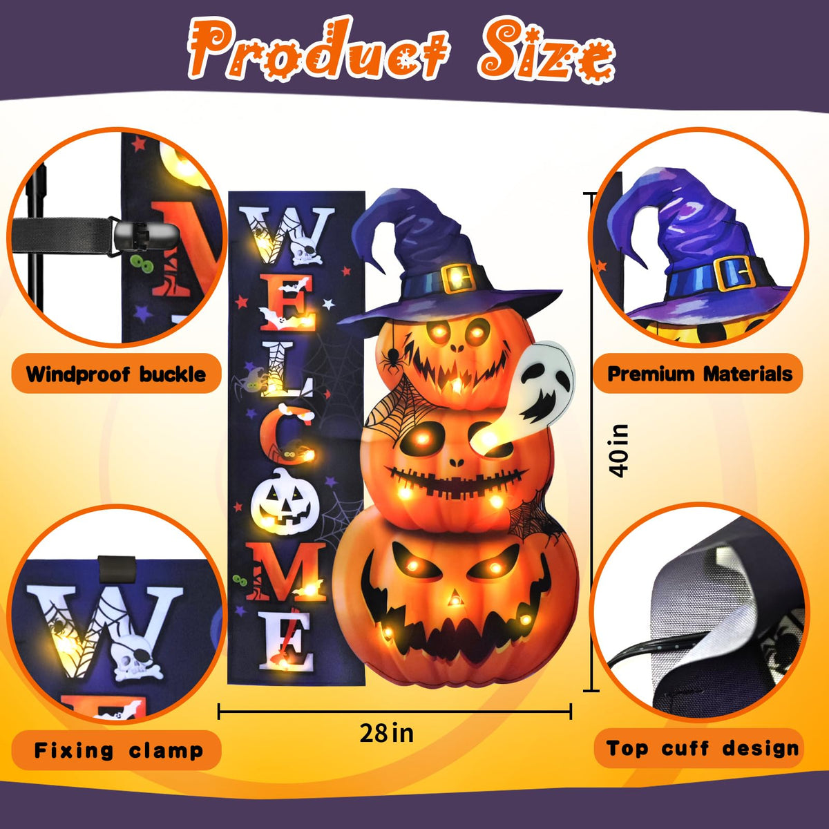 Halloween Lighted Garden Flag for Outside, LED Solar Yard Flag 8 Modes Witch Feet Shape Flag, 28x40 Double Sided Cauldron Eyeball Black Cat Decorations for Home Porch