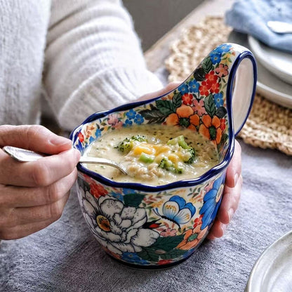 Alma Handpainted Microwavable Soup Bowl with Loop Handle 18.6Oz, Cereal Bowl with Handle