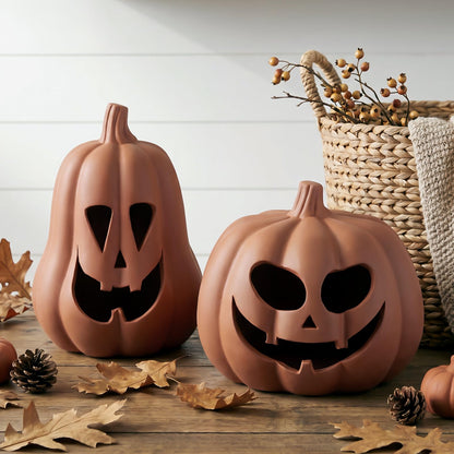 Tioncy 2 Pack Fall Decor Halloween Decorations Terracotta Pumpkin Decoration Handmade Clay Pumpkin Jack-O-Lantern Halloween Tealight Holder Rustic Farmhouse Fall Home Decor for Table(orange)