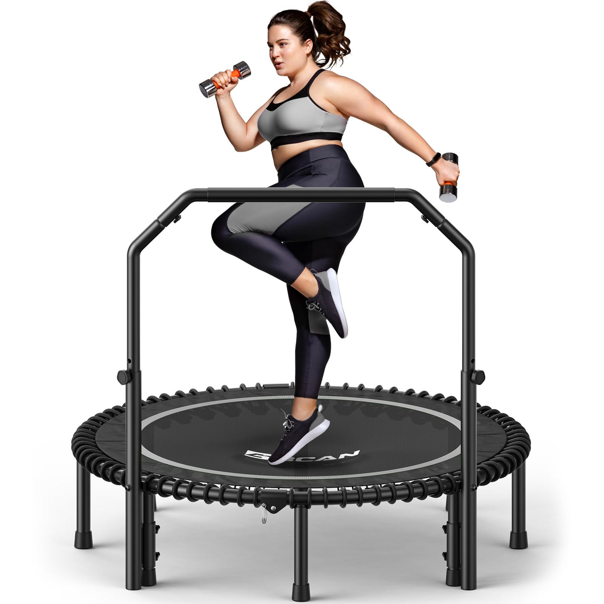 Bcan BT2 450/550LBS Mini Rebounder Trampoline for Adults with Bar, Fitness Trampoline with Bungees, Adjustable Handle, Stable & Quiet, Indoor Outdoor, Whole-Body Workout - 40IN/48IN | Fed Fitness