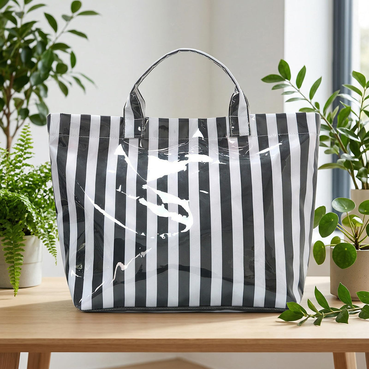 Striped PVC Tote Bag Large Glossy