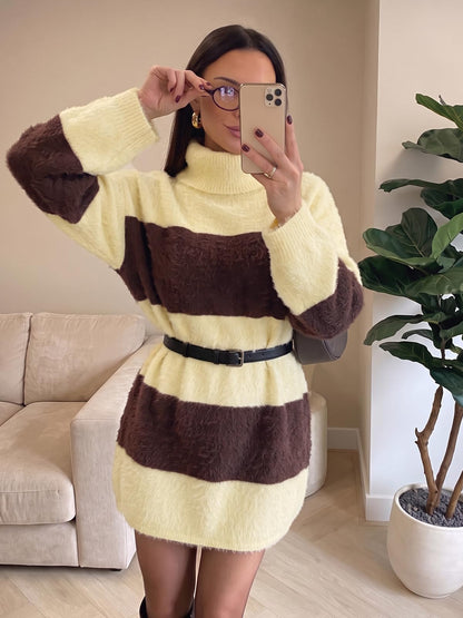 Wenrine Women Oversized Striped Sweater Dress Fall Long Sleeve Knit Dresses
