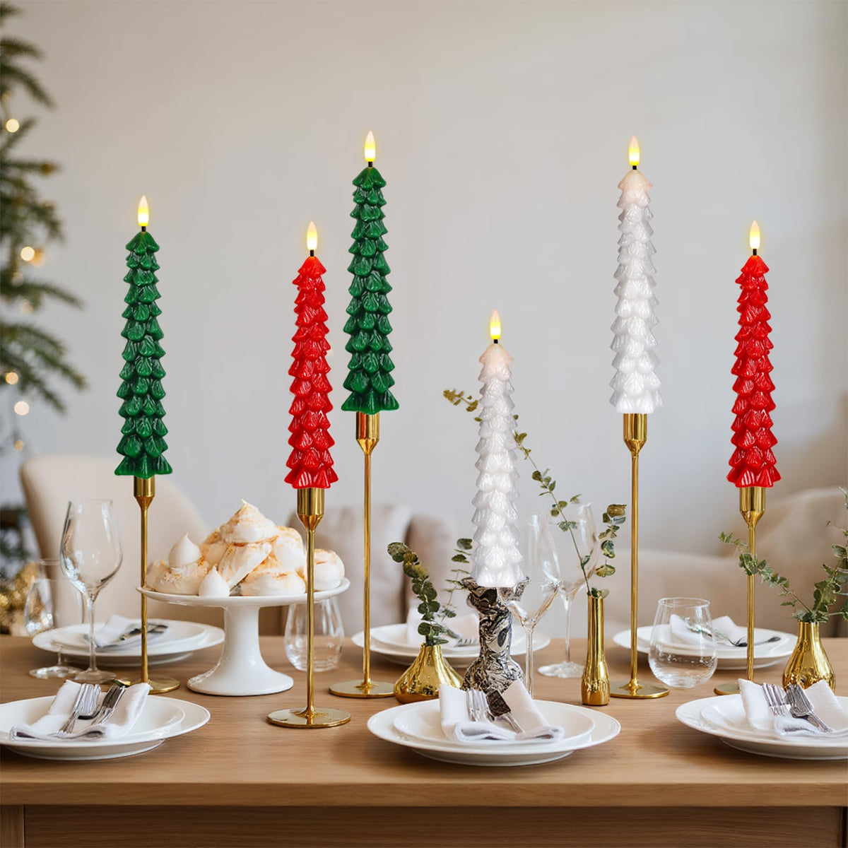 Green Christmas Tree Flameless Taper Candles Battery Operated Remote Timer