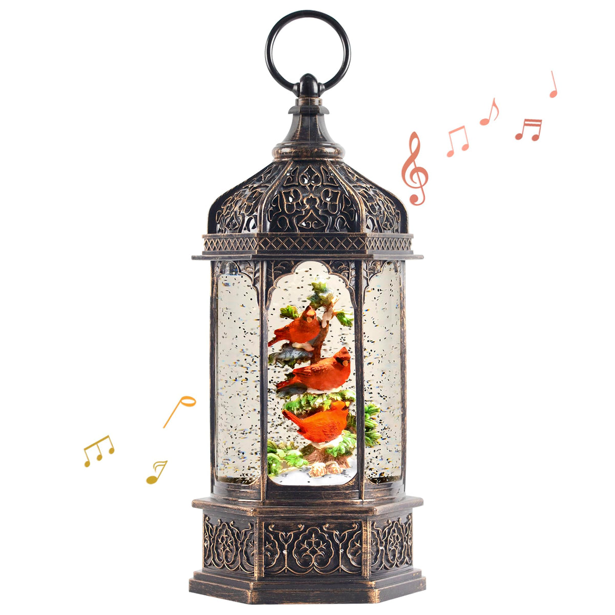 12.8" Christmas Snow Globe Lantern Christmas Decorations Indoor with Swirling Glitter Three Cardinals in the Tree, Lighted Musical Snow Globes for Home Decoration USB Powered or Battery Operated