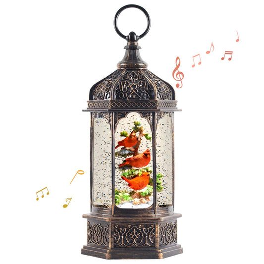 12.8" Christmas Snow Globe Lantern Christmas Decorations Indoor with Swirling Glitter Three Cardinals in the Tree, Lighted Musical Snow Globes for Home Decoration USB Powered or Battery Operated