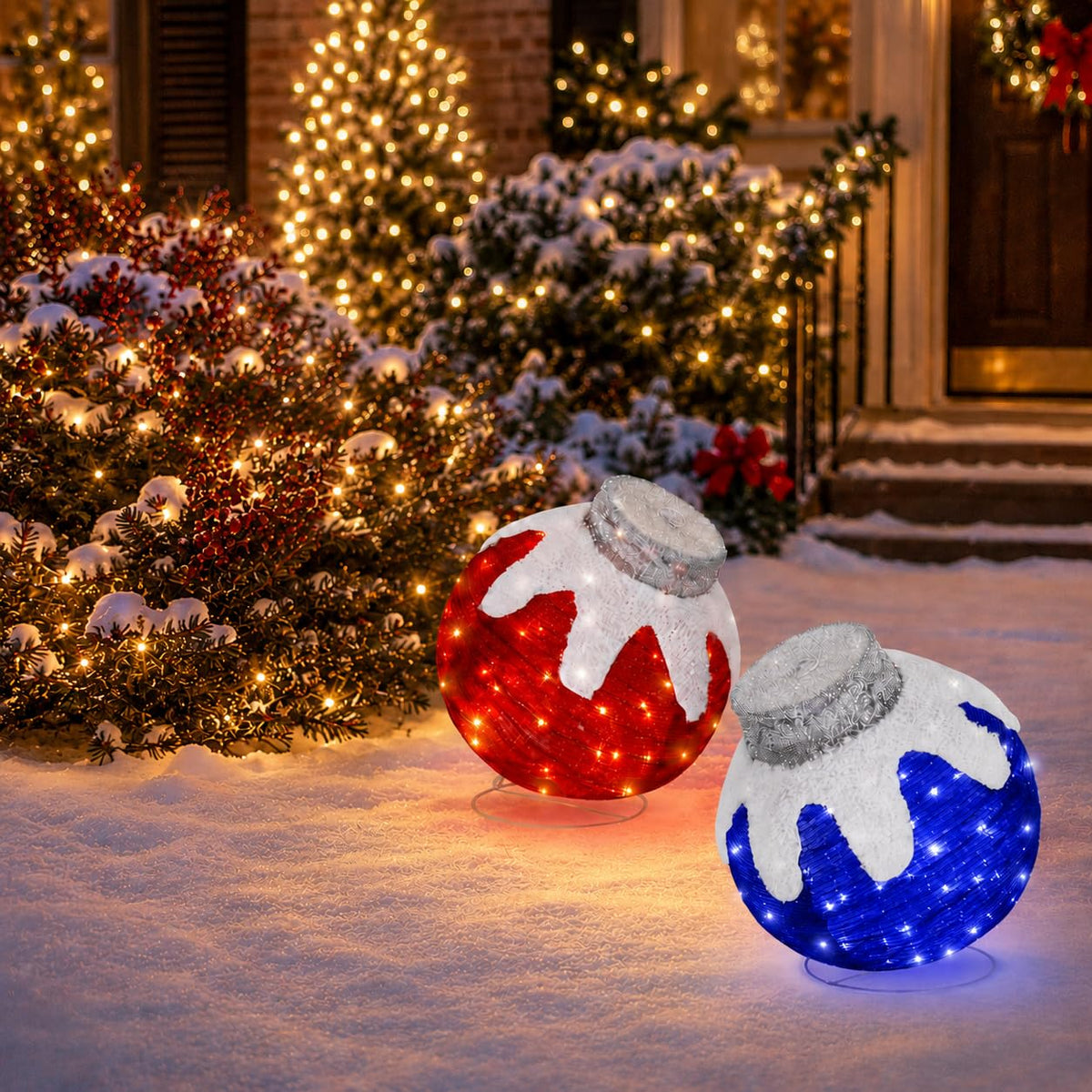 2 Pcs Outdoor Christmas Ornaments, Lighted Pop-Up Holiday Ball Decoration with 160 LED Lights, 8 Light Functions, Lighted Collapsible Christmas Outdoor Decorations for Yard, Patio, Home