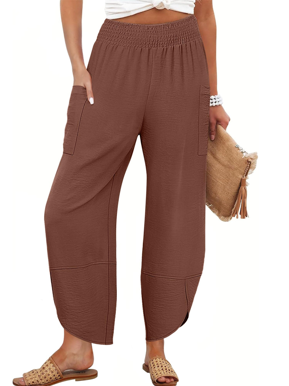 Anrabess Womens Wide Leg Palazzo Capri Pants Summer Casual High Waisted Barrel Lounge Flowy Cropped Beach Work Trousers