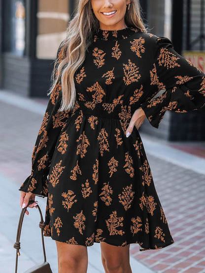 CUPSHE Women Mock Neck Floral Smocked Waist Mini Dress