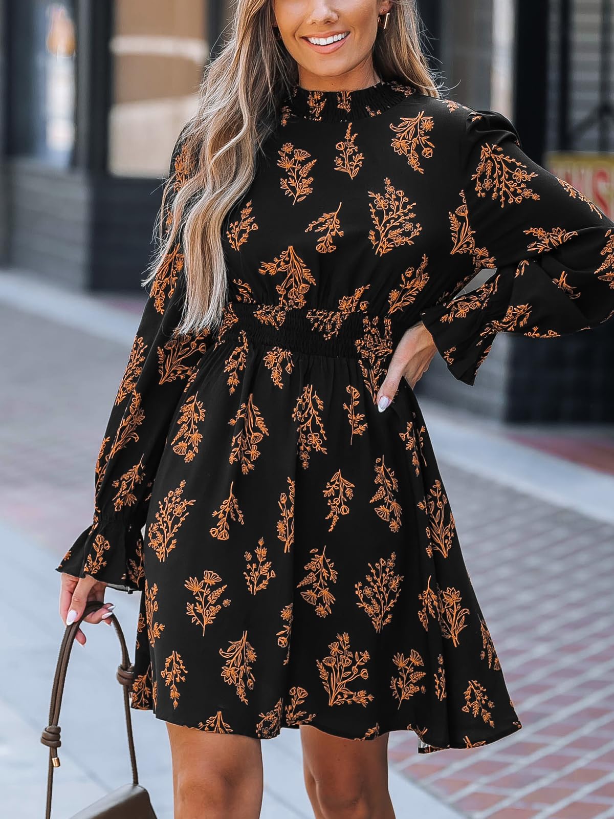 CUPSHE Women Mock Neck Floral Smocked Waist Mini Dress