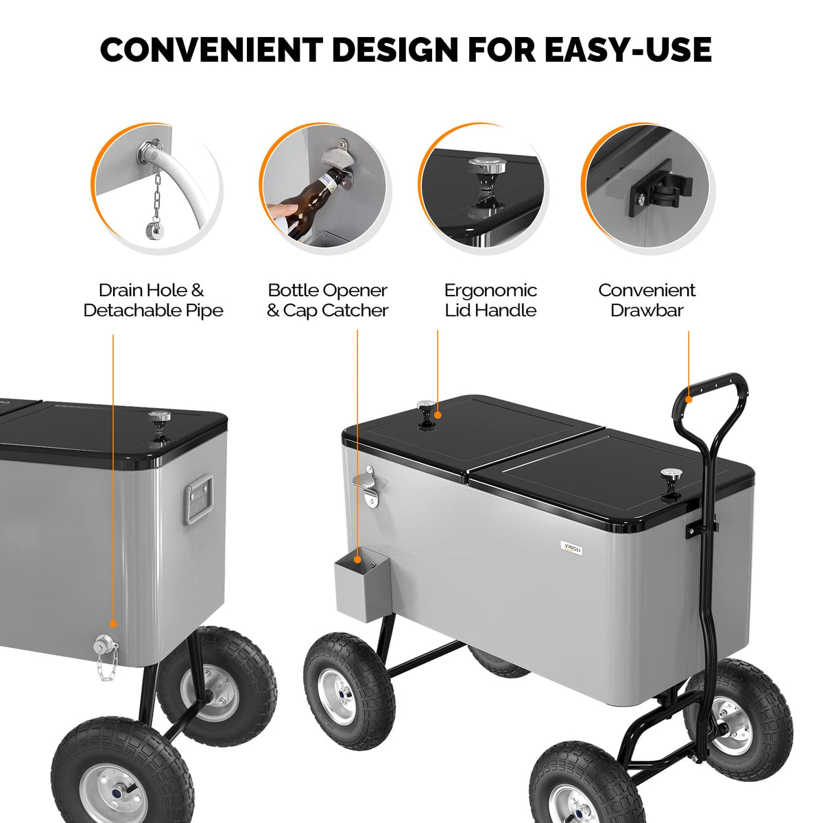 Vingli 80 Quart Wagon Rolling Cooler Ice Chest, W/Long Handle and 10" Wheels