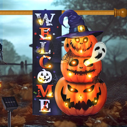 Halloween Lighted Garden Flag for Outside, LED Solar Yard Flag 8 Modes Witch Feet Shape Flag, 28x40 Double Sided Cauldron Eyeball Black Cat Decorations for Home Porch