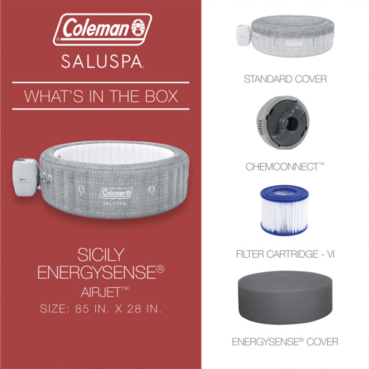 Coleman Sicily 5 to 7 Person Inflatable Hot Tub, Round Portable Outdoor Spa with 180 Airjets and Energysense Cover, Grey, 85" X 28"