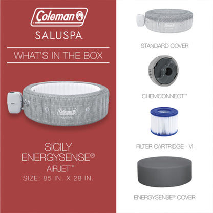 Coleman Sicily 5 to 7 Person Inflatable Hot Tub, Round Portable Outdoor Spa with 180 Airjets and Energysense Cover, Grey, 85" X 28"