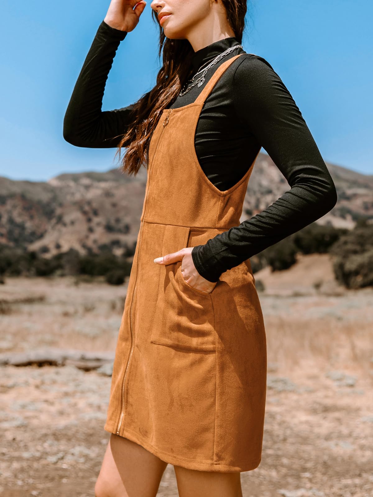 CUPSHE Faux Suede Mini Fall Dresses for Women Square Neck Pull Ring Zipper Front Pockets Wide Straps Casual Autumn Dress