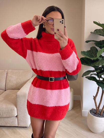 Wenrine Women Oversized Striped Sweater Dress Fall Long Sleeve Knit Dresses