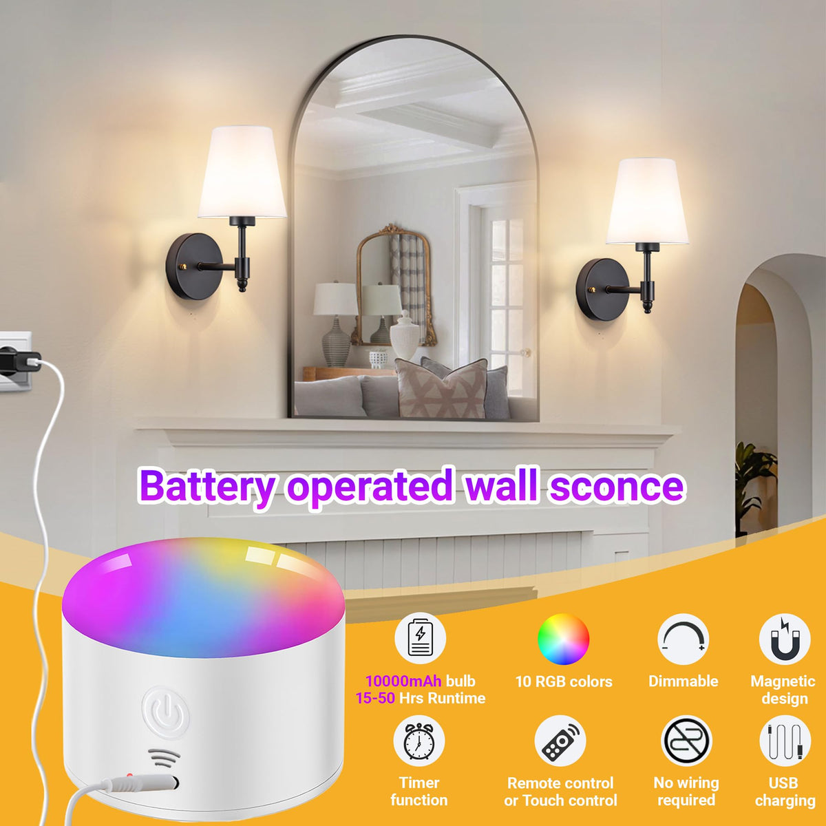 Yhcdlamp Battery Operated Wall Sconce Light with Remote Control, Dimmable Wall Sconce Set of 2