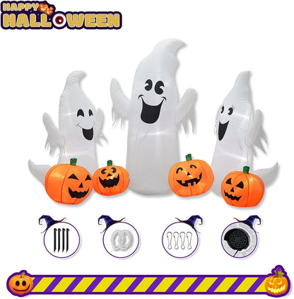 7FT Length Halloween Inflatable Ghosts and Pumpkins, 3 Ghosts Inflatables with LED Lights for Home Yard Lawn Indoor Halloween Outdoor Decoration