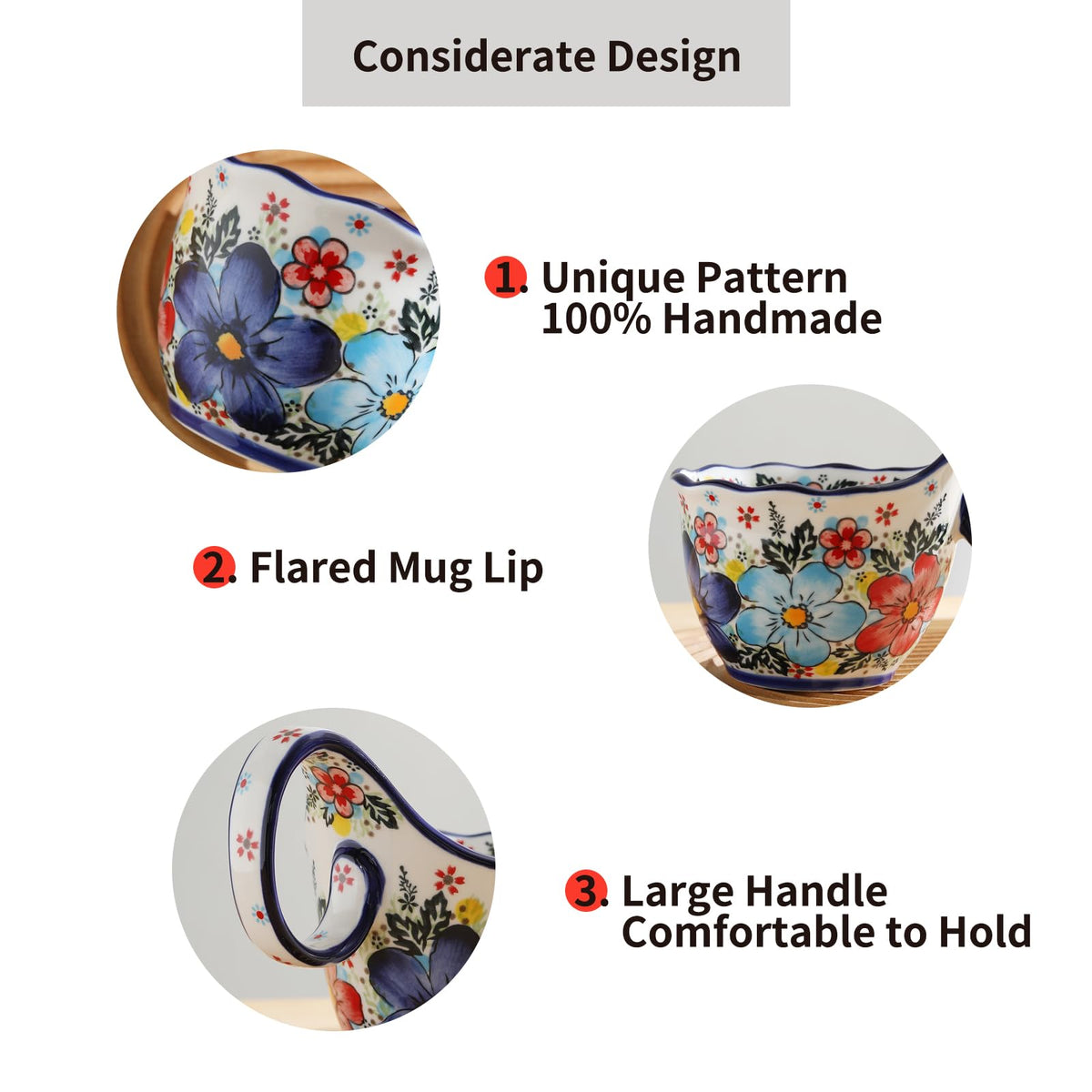 Alma Handpainted Microwavable Soup Bowl with Loop Handle 18.6Oz, Cereal Bowl with Handle