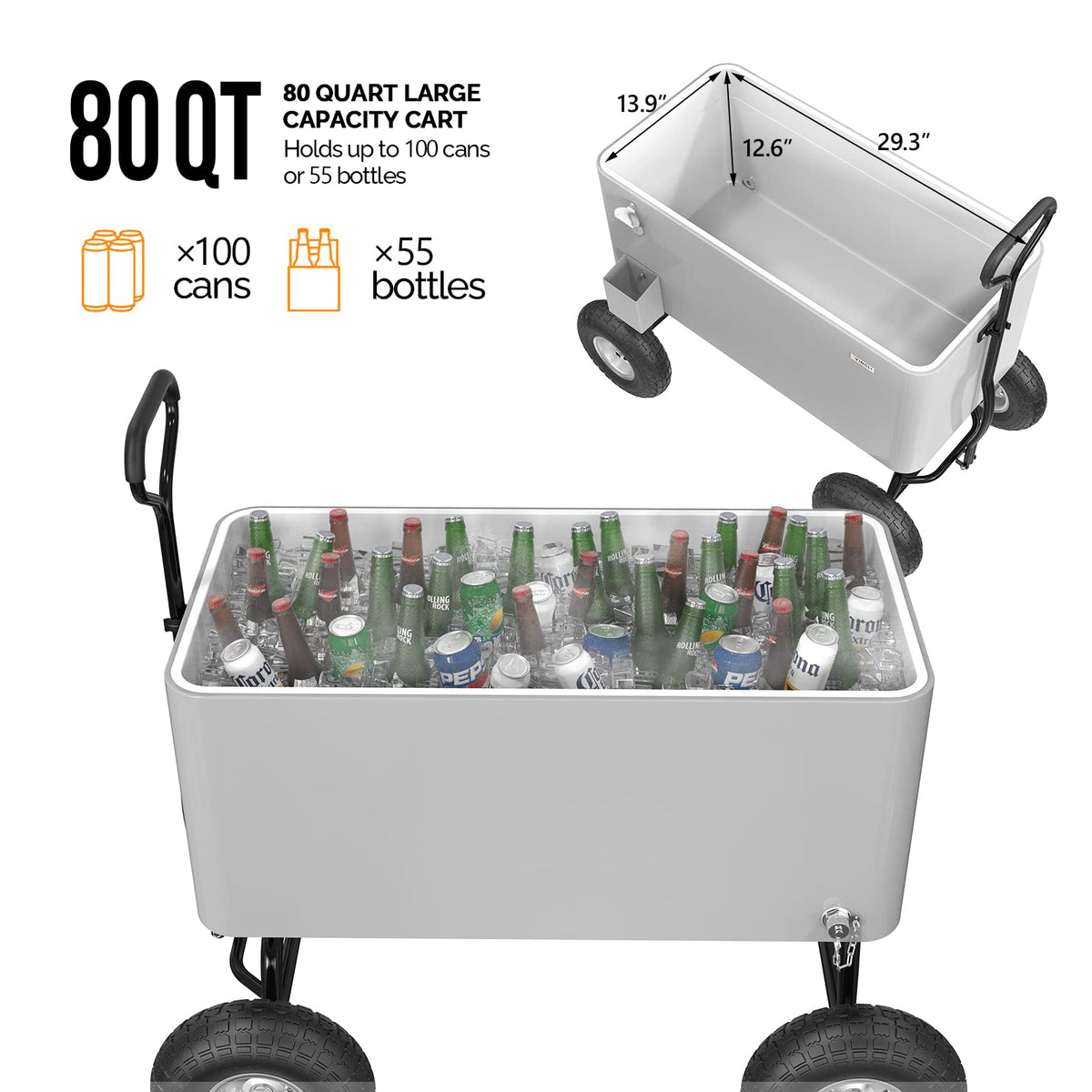 Vingli 80 Quart Wagon Rolling Cooler Ice Chest, W/Long Handle and 10" Wheels
