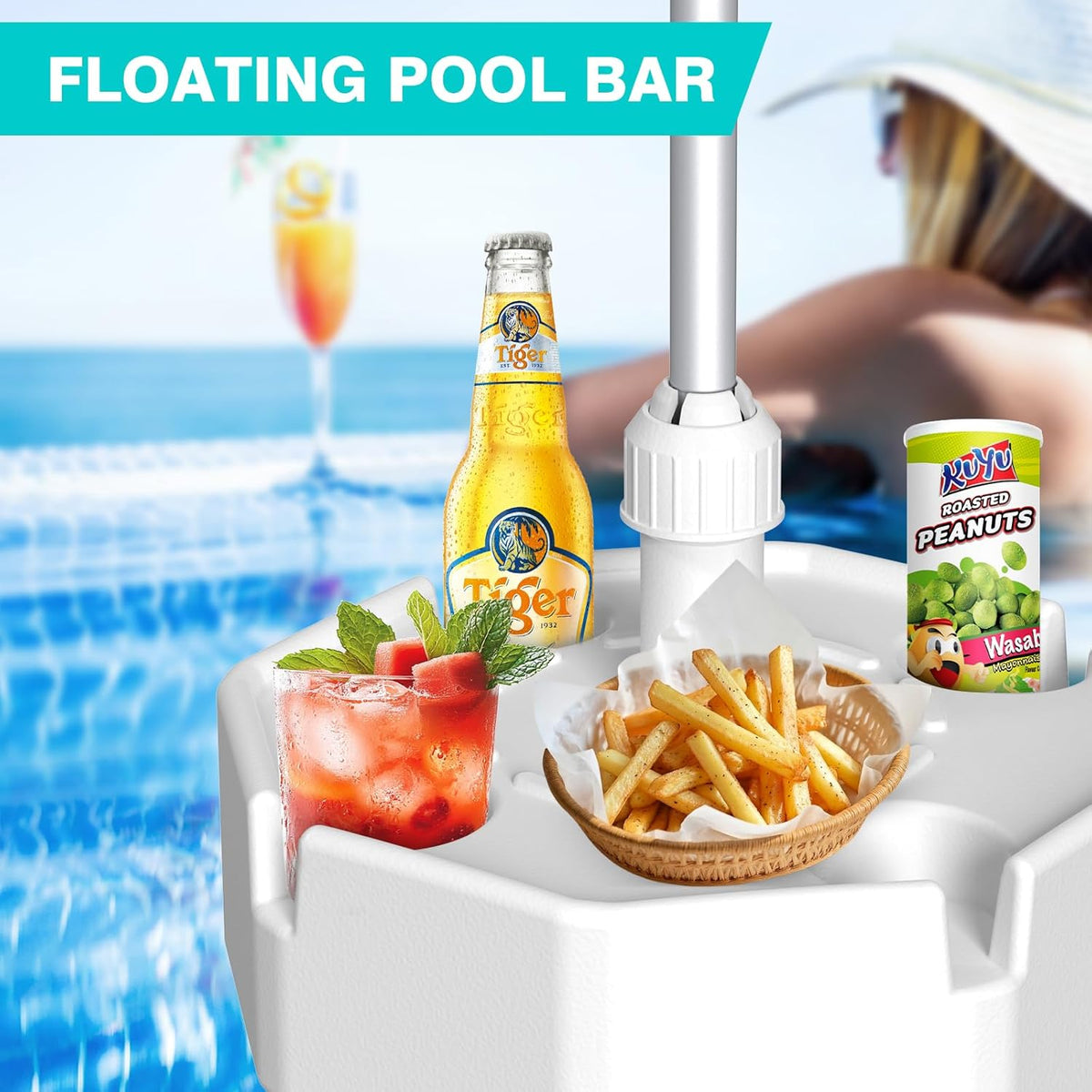Outdoor Floating Umbrella for Inside of Pool with Weighted Base, 4 Cupholders Floating Table with Sun Shade, No-Tools Setup