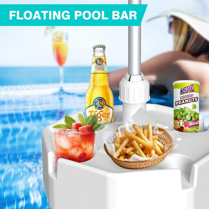Outdoor Floating Umbrella for Inside of Pool with Weighted Base, 4 Cupholders Floating Table with Sun Shade, No-Tools Setup