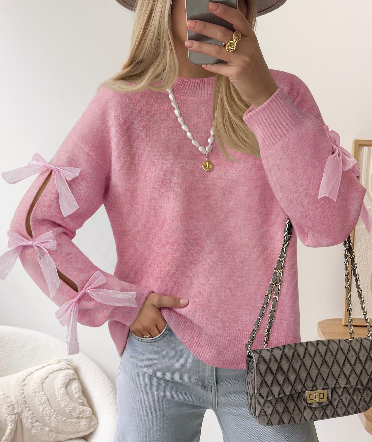 ZESICA Cute Bow Long Sleeve Oversized Sweaters