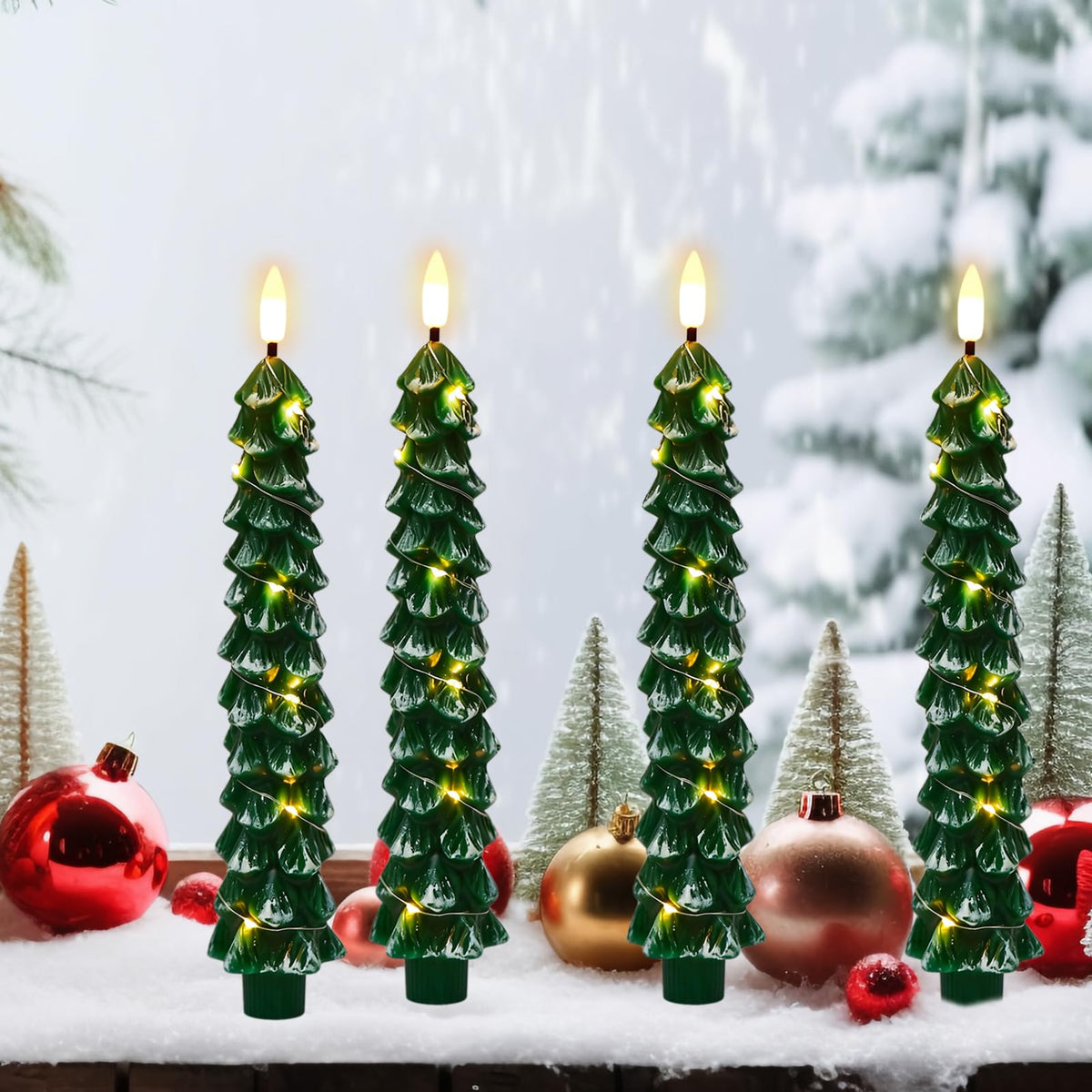 Green Christmas Tree Flameless Taper Candles Battery Operated Remote Timer