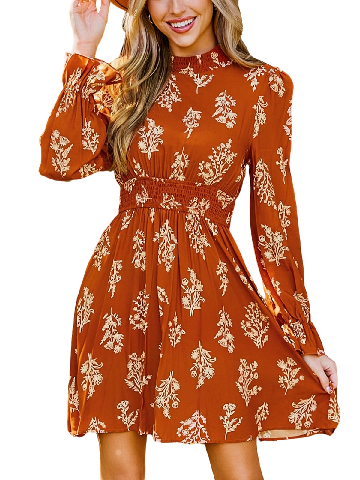 CUPSHE Women Mock Neck Floral Smocked Waist Mini Dress