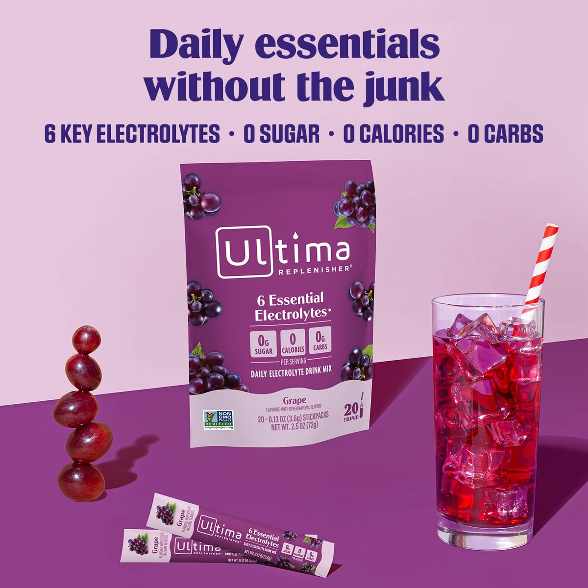 Ultima Replenisher Electrolyte Hydration Powder, Grape, 20 Count Stickpacks Pouch - Sugar Free, 0 Calories, 0 Carbs - Gluten-Free, Keto, Non-Gmo with Magnesium, Potassium