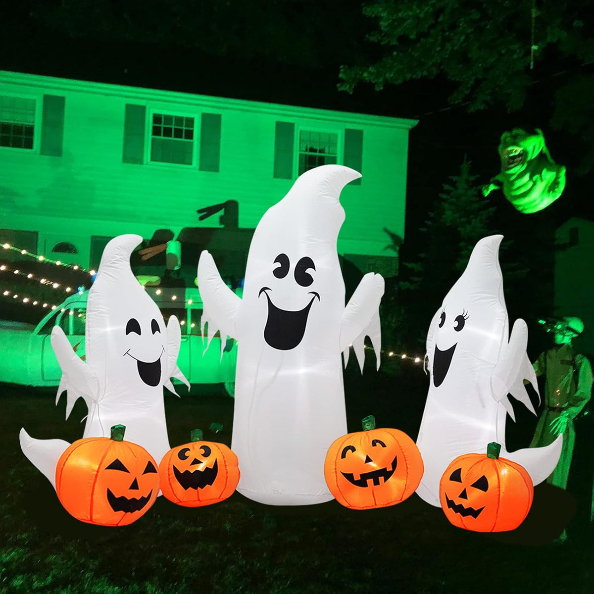 7FT Length Halloween Inflatable Ghosts and Pumpkins, 3 Ghosts Inflatables with LED Lights for Home Yard Lawn Indoor Halloween Outdoor Decoration