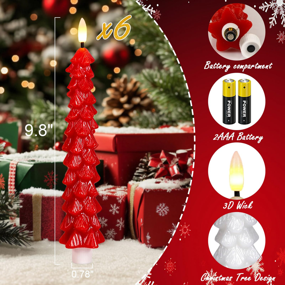 Green Christmas Tree Flameless Taper Candles Battery Operated Remote Timer