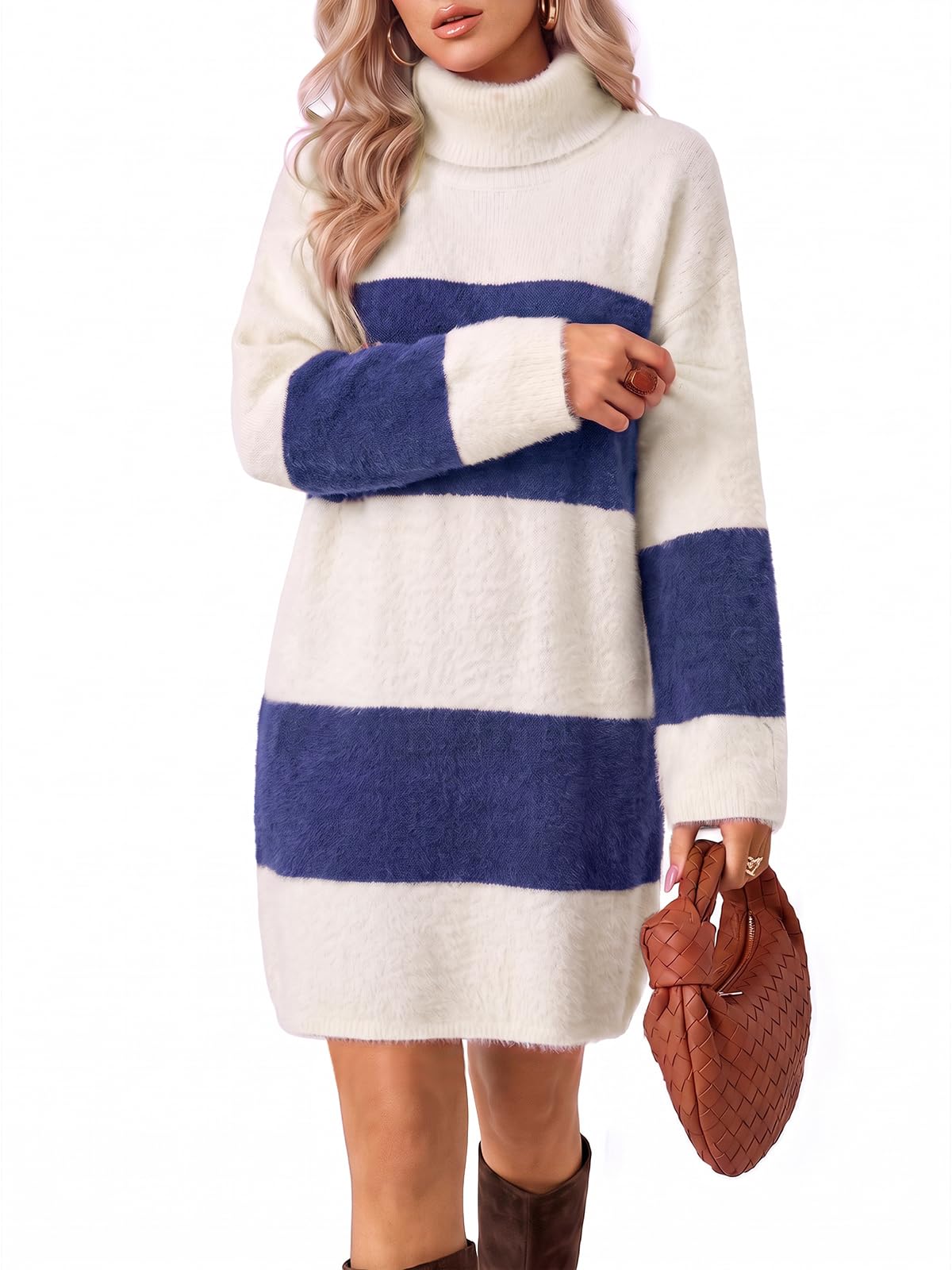 Wenrine Women Oversized Striped Sweater Dress Fall Long Sleeve Knit Dresses