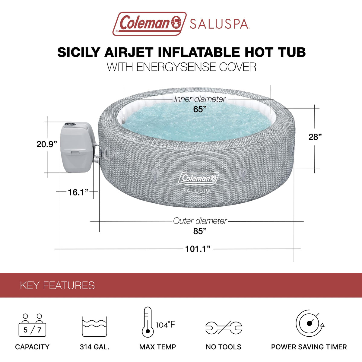 Coleman Sicily 5 to 7 Person Inflatable Hot Tub, Round Portable Outdoor Spa with 180 Airjets and Energysense Cover, Grey, 85" X 28"