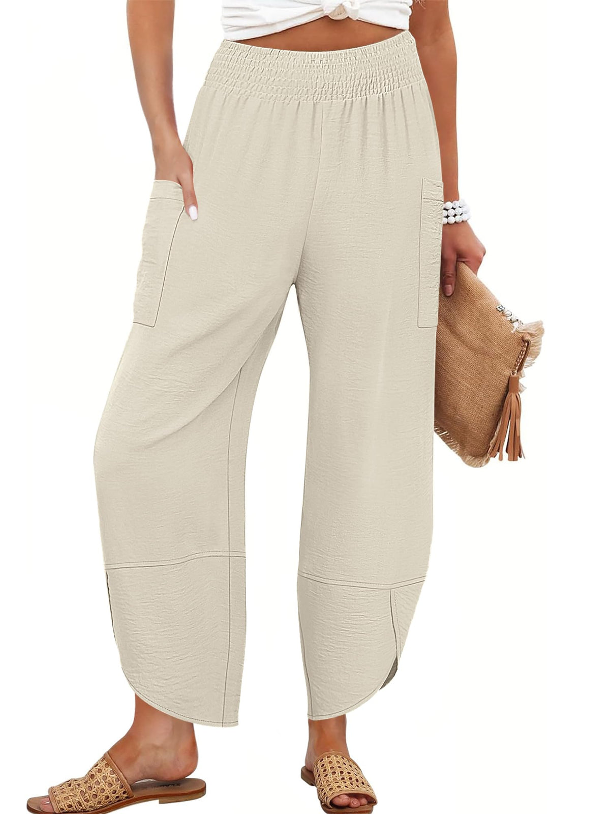 Anrabess Womens Wide Leg Palazzo Capri Pants Summer Casual High Waisted Barrel Lounge Flowy Cropped Beach Work Trousers