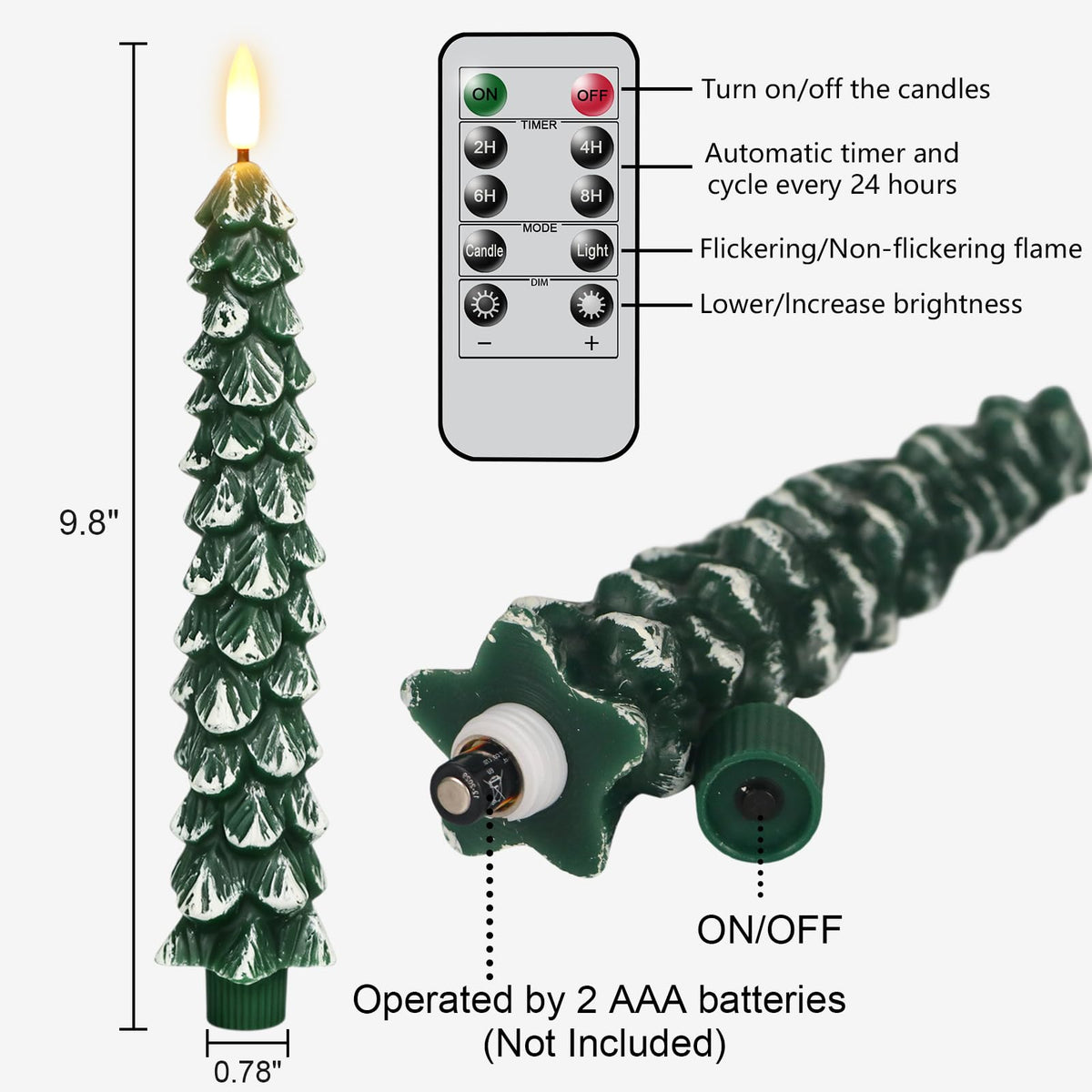 Green Christmas Tree Flameless Taper Candles Battery Operated Remote Timer