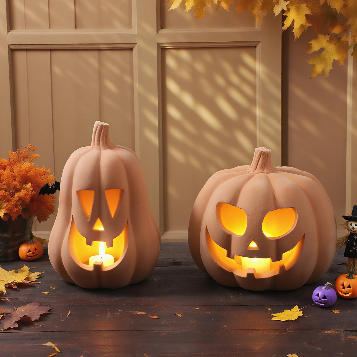 Tioncy 2 Pack Fall Decor Halloween Decorations Terracotta Pumpkin Decoration Handmade Clay Pumpkin Jack-O-Lantern Halloween Tealight Holder Rustic Farmhouse Fall Home Decor for Table(orange)