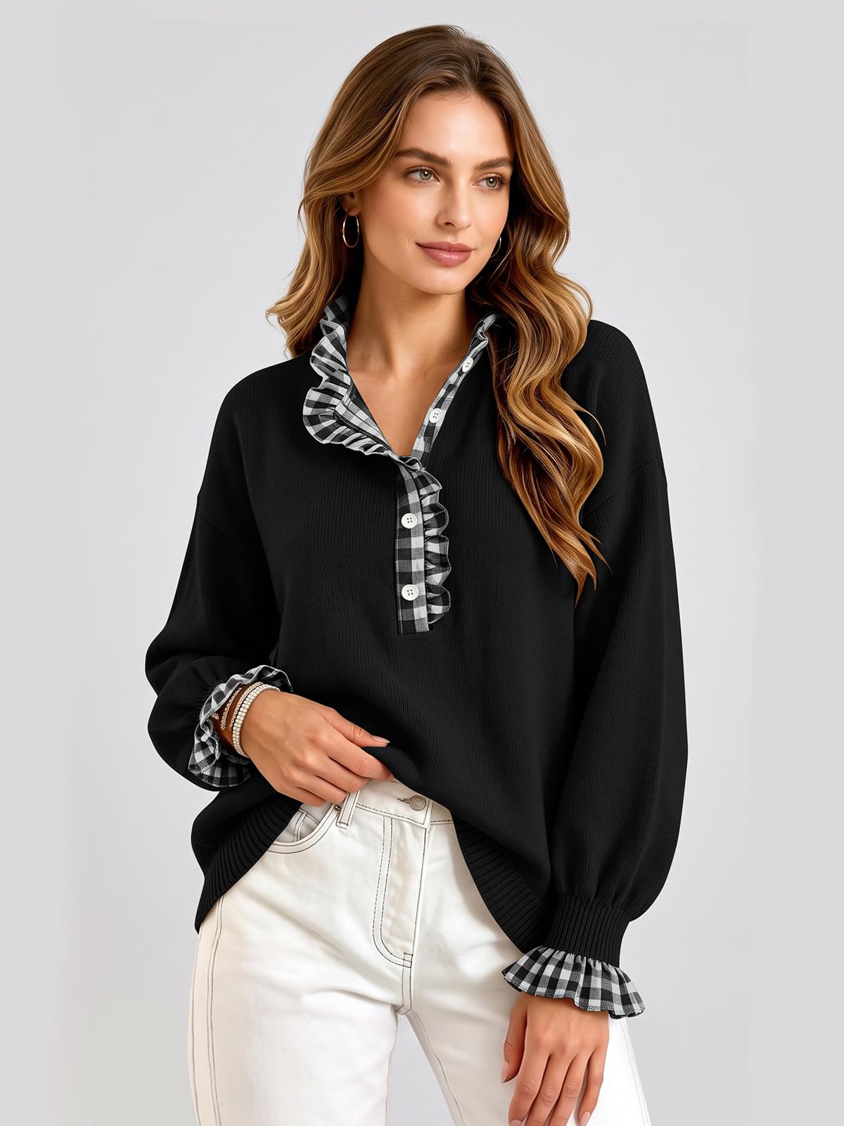 Ruffle Knit Collared Quarter Pullover