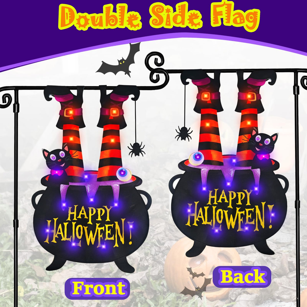 Halloween Lighted Garden Flag for Outside, LED Solar Yard Flag 8 Modes Witch Feet Shape Flag, 28x40 Double Sided Cauldron Eyeball Black Cat Decorations for Home Porch