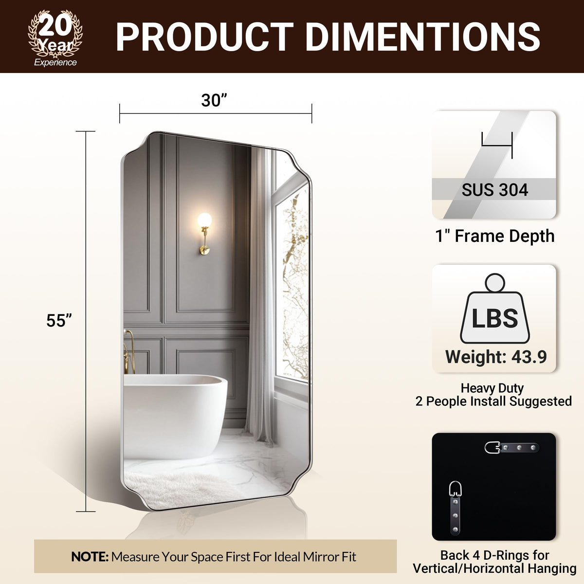Andy Star Unique Rectangle Wall Mirror, 24"X32"