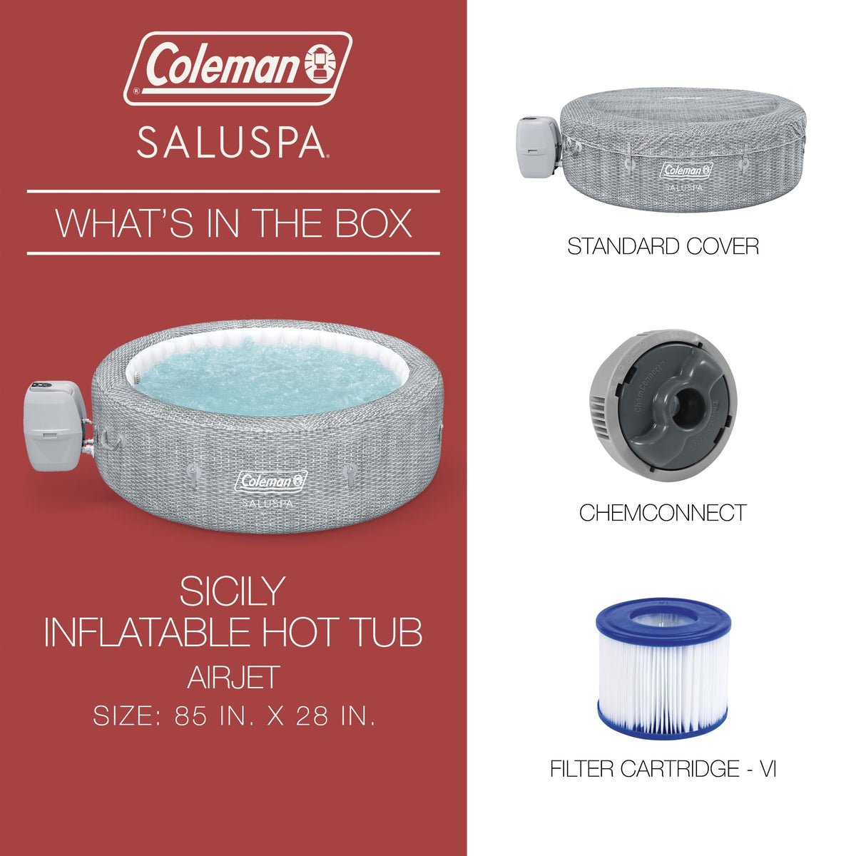 Coleman Sicily 5 to 7 Person Inflatable Hot Tub, Round Portable Outdoor Spa with 180 Airjets and Energysense Cover, Grey, 85" X 28"