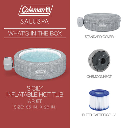 Coleman Sicily 5 to 7 Person Inflatable Hot Tub, Round Portable Outdoor Spa with 180 Airjets and Energysense Cover, Grey, 85" X 28"
