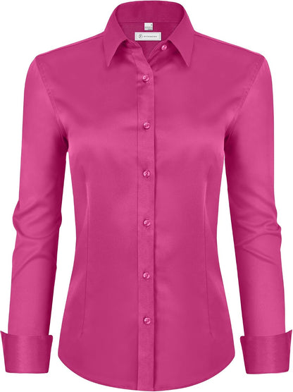 siliteelon Womens Classic-Fit Dress Shirts Long Sleeve Button Down Wrinkle-Free Stretch Solid Casual Work Office Blouse Top