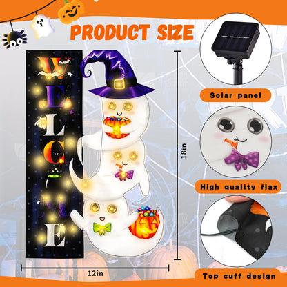 Halloween Lighted Garden Flag for Outside, LED Solar Yard Flag 8 Modes Witch Feet Shape Flag, 28x40 Double Sided Cauldron Eyeball Black Cat Decorations for Home Porch